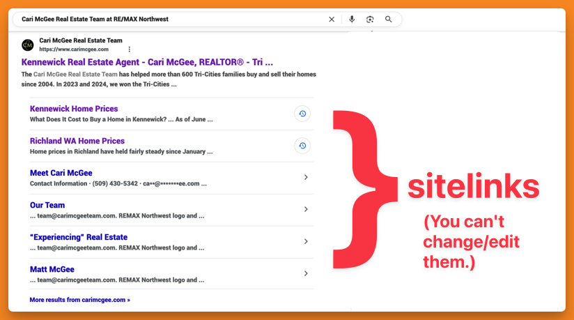 screenshot of Google sitelinks