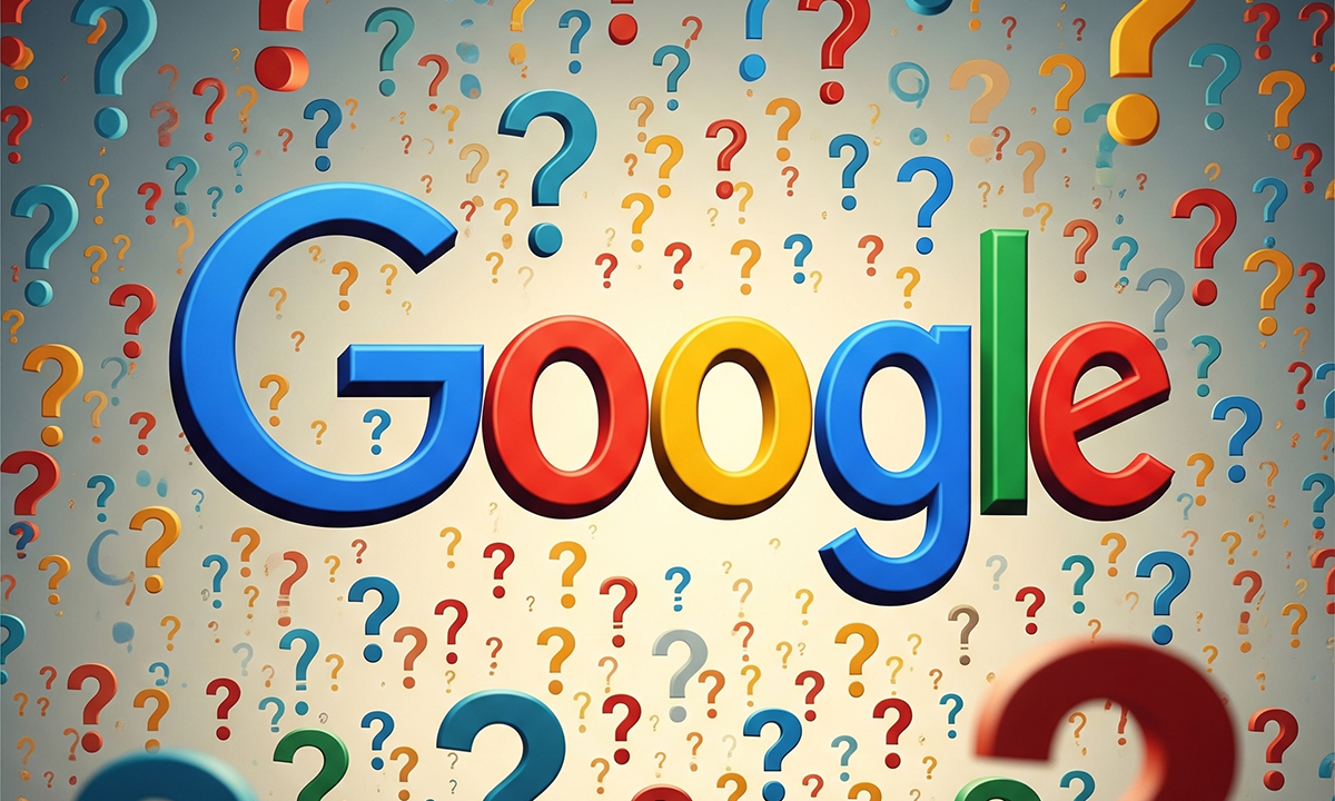 Google logo surrounded by questions