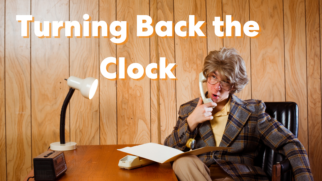 1970s business photo with text "Turning Back the Clock"