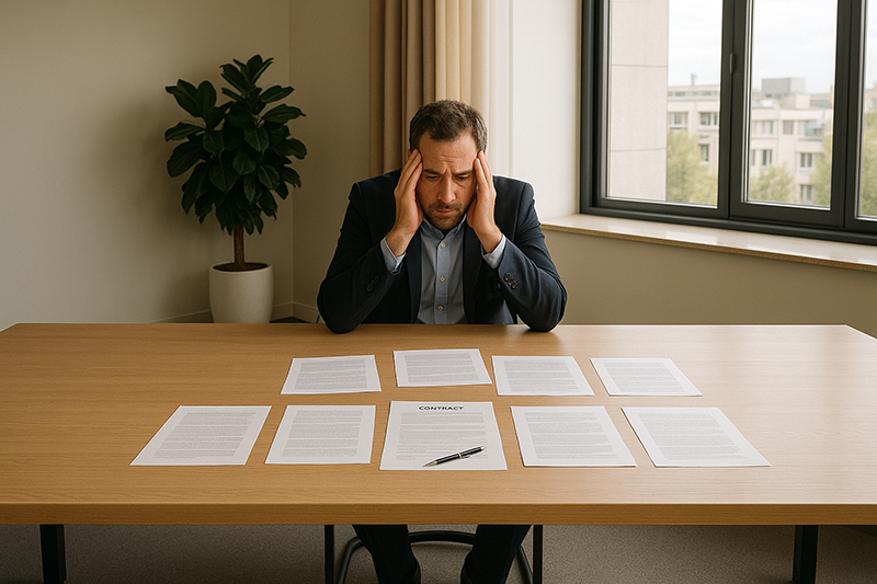 Agent sitting alone at a closing table surrounded by unsigned contracts