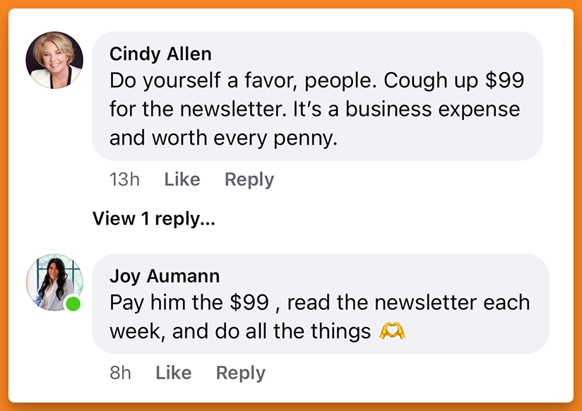 screenshot of endorsements for the VIP newsletter from real estate agents Cindy Allen and Joy Aumann