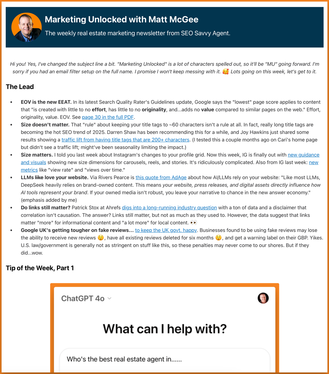 screenshot of Marketing Unlocked real estate newsletter